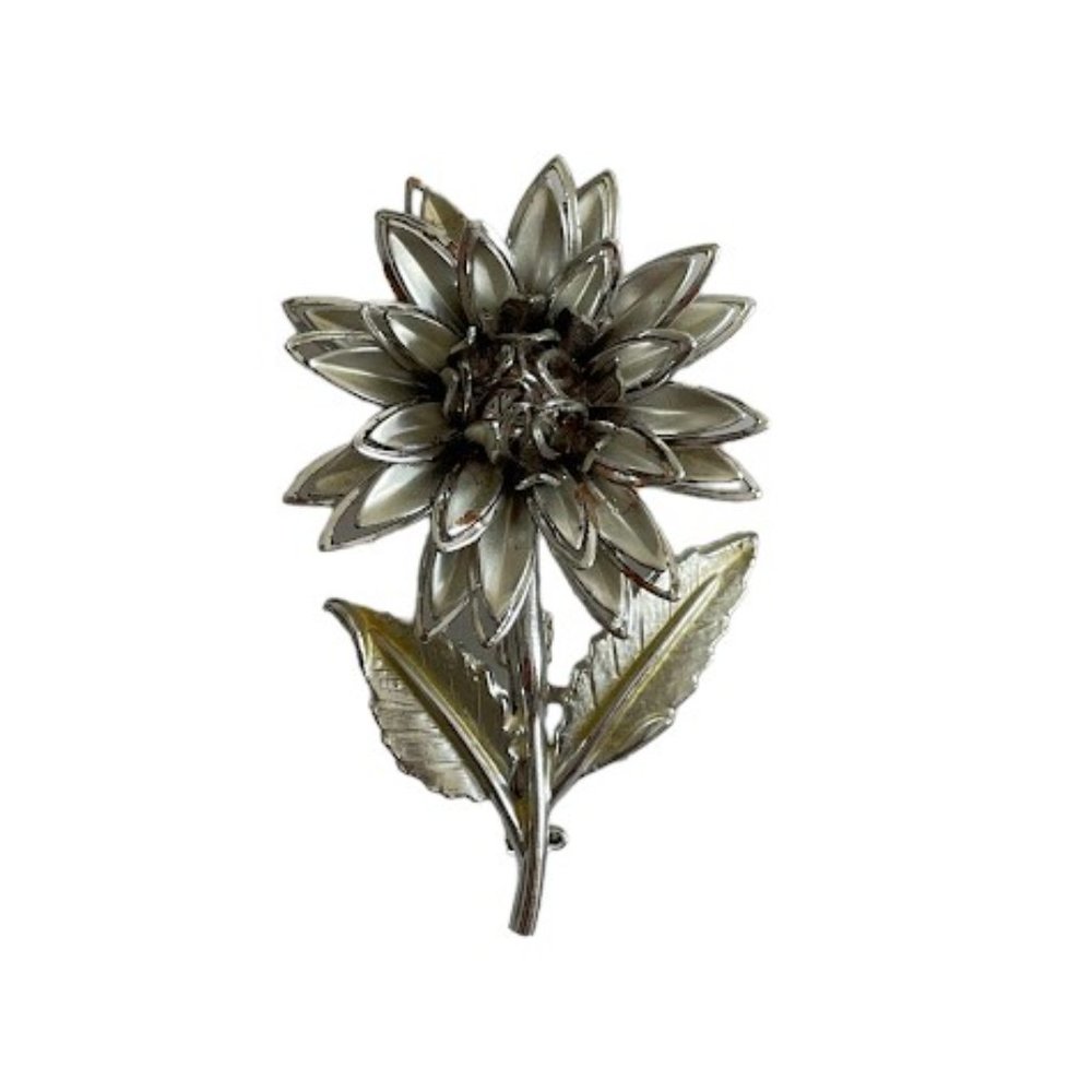 Vintage Silver Tone Long Stem Flower Brooch Retro Large Unisex Dimensional Pin